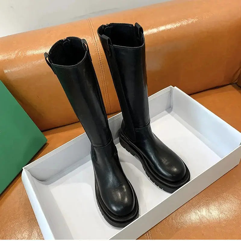 Platform Women Knee High Boots With Fur Lining And Square Heels For Winter Warmth