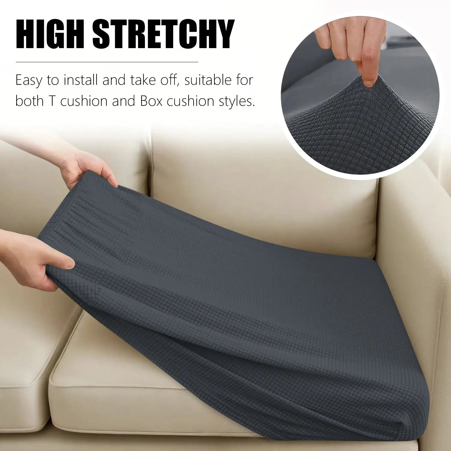 Sofa cushion cover set in dark gray jacquard fabric; waterproof slipcover for couch.