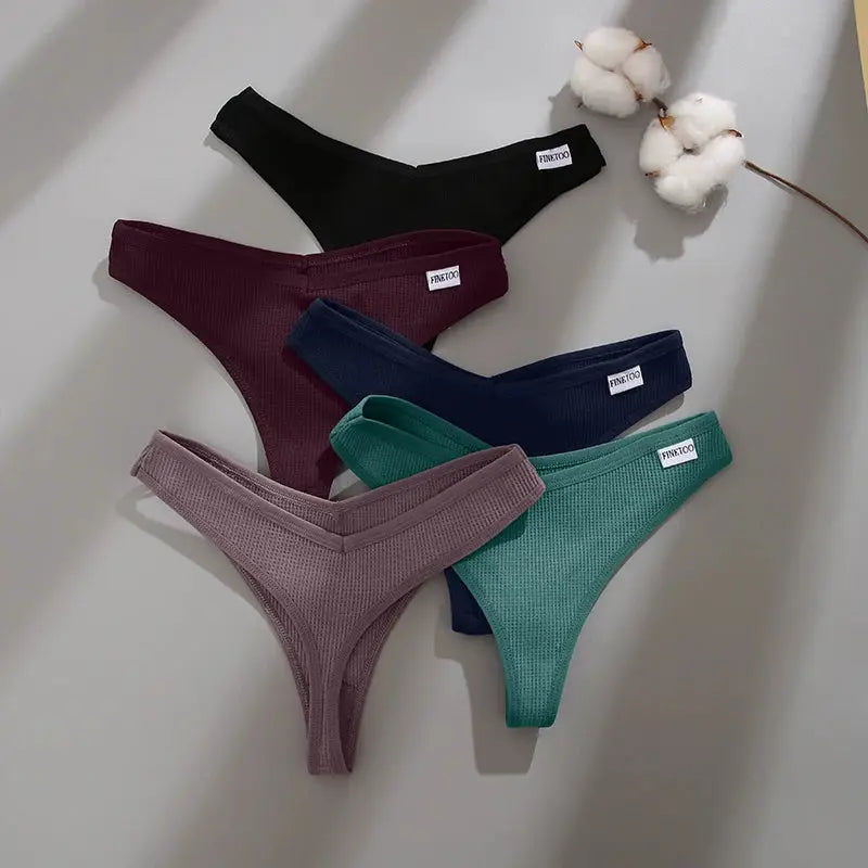 4-piece waffle cotton thong panty set for women, multicolor solid shades with V-waist design