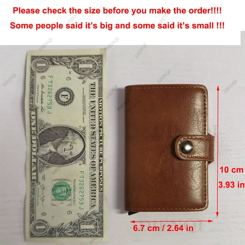 Brown leather minimalist wallet with snap strap; wallet and one-dollar bill for scale, approx 10 cm tall by 6.7 cm wide
