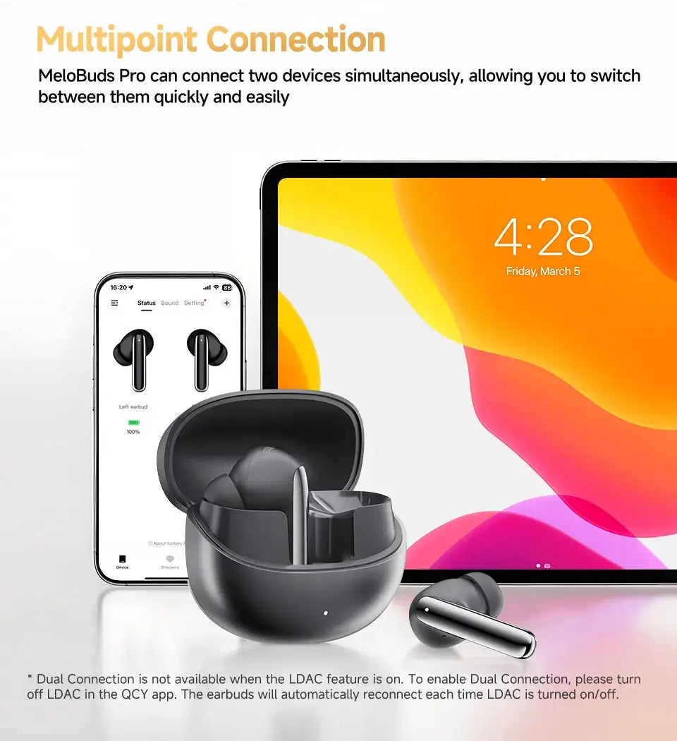 QCY MeloBuds Pro wireless earbuds with black charging case; Simples Market.