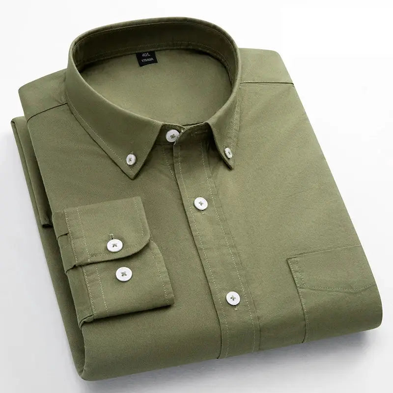 Men's Simples Market olive green 100% cotton long-sleeve oxford shirt with button-down collar and single chest pocket