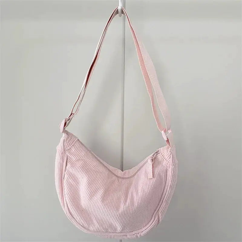 Corduroy hobo shoulder bag for women by Simples Market, pink crossbody style.