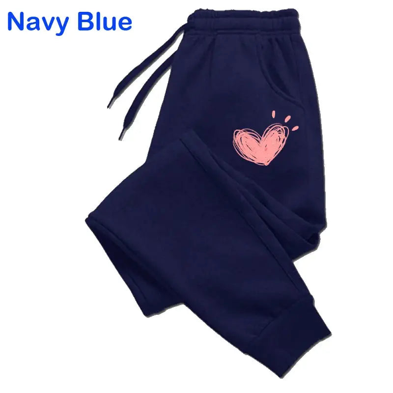 CozyWear Women Heart Print Fleece Lined Sweatpants Slim Fit Joggers For Autumn Winter