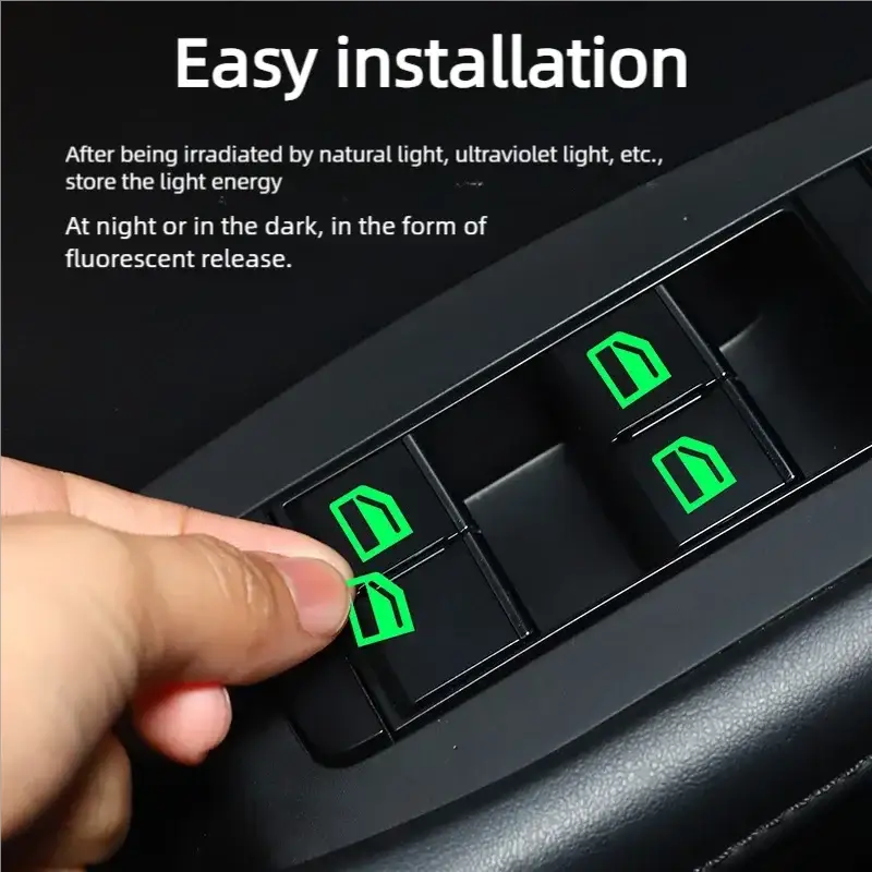 Car luminous window lift button stickers set, 18 pcs, green glow for interior control panel decals