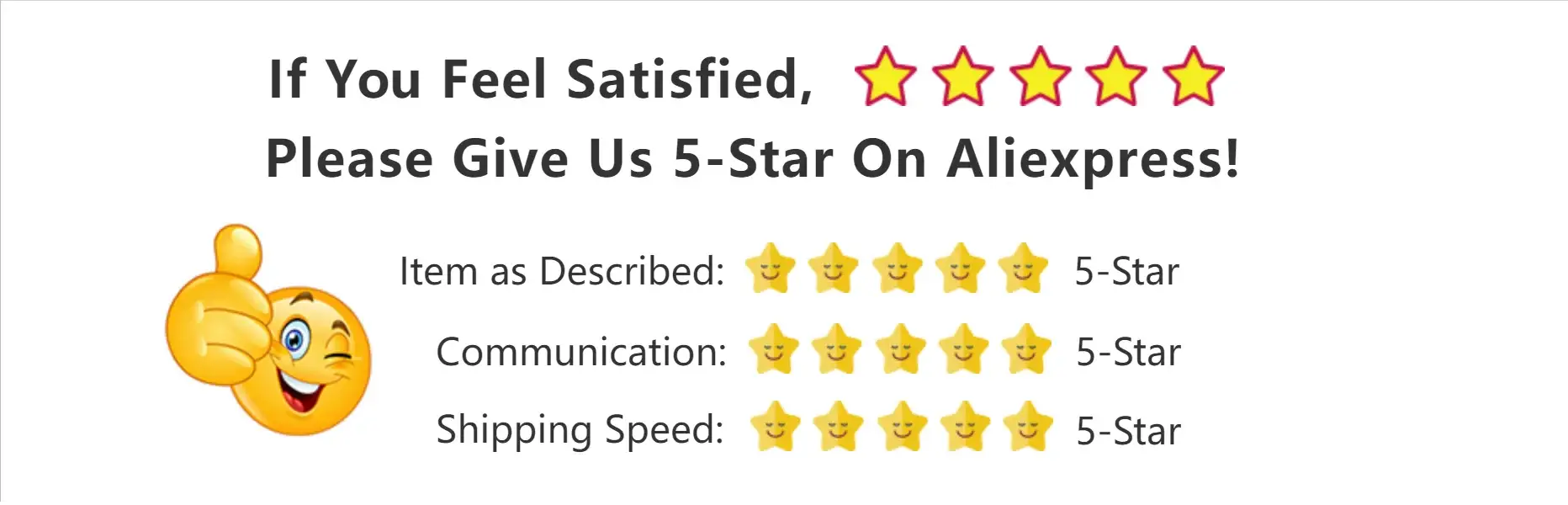 Promotional banner from Simples Market asking for 5-star reviews on AliExpress, with thumbs-up emoji and 5-Star ratings for Item as Described, Communication, and Shipping Speed.