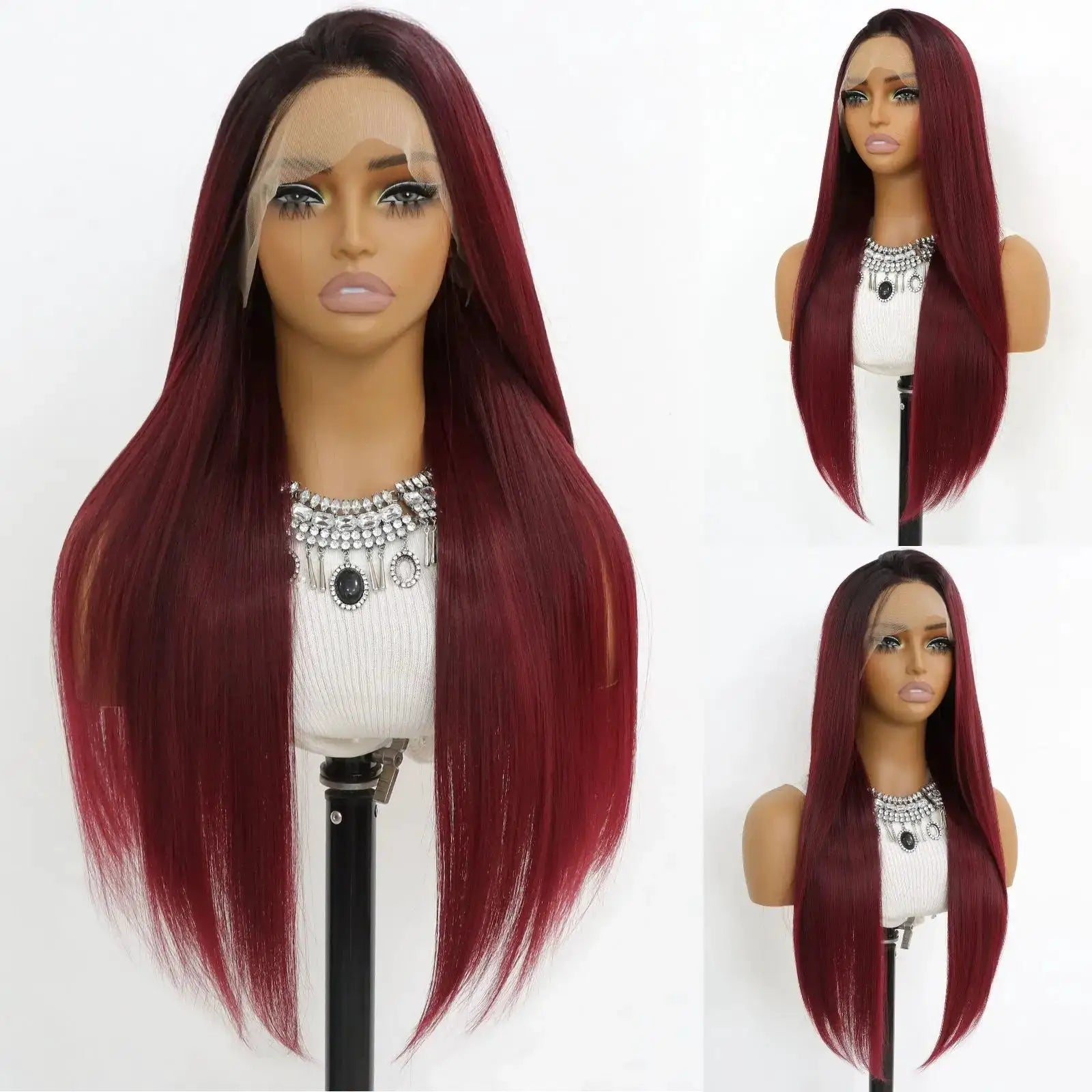 Ombre Burgundy Lace Front Wigs Long Straight 24 Inch 13x4 Synthetic Wine Red For Women