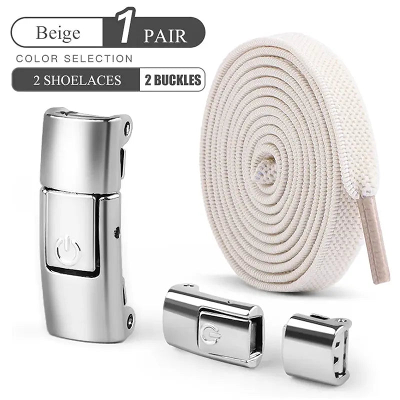 Beige 8mm no-tie shoelace set with press-lock; includes 2 flat laces and 2 G-logo metal buckles