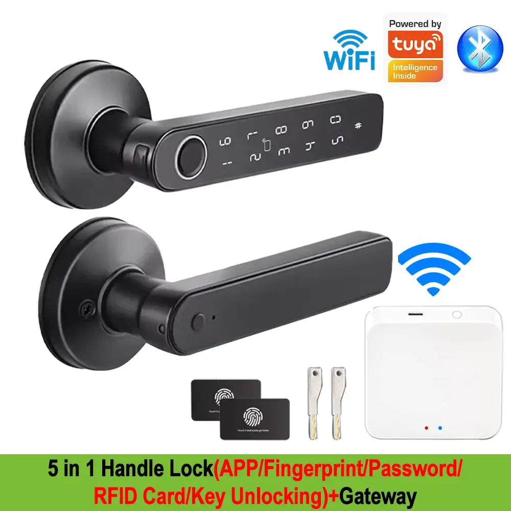 5-in-1 smart door handle lock set with Tuya Bluetooth, fingerprint, password, RFID cards and gateway