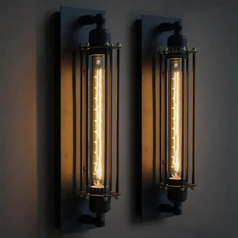 Retro industrial iron wall light pair with vertical LED Edison bulbs on black metal frames for hallway decor.