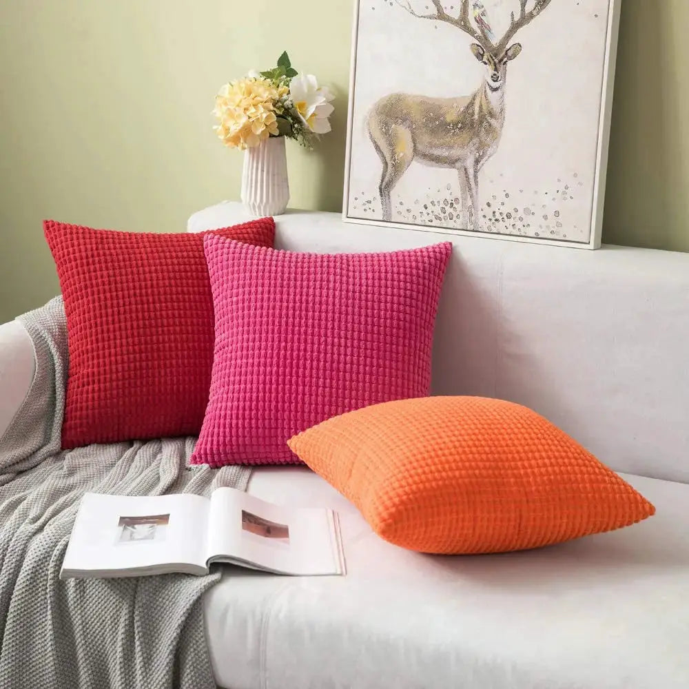 Corduroy corn-kernel cushion covers set of three in red, pink and orange for sofa or bed decor; 35/45/50/60/70 cm