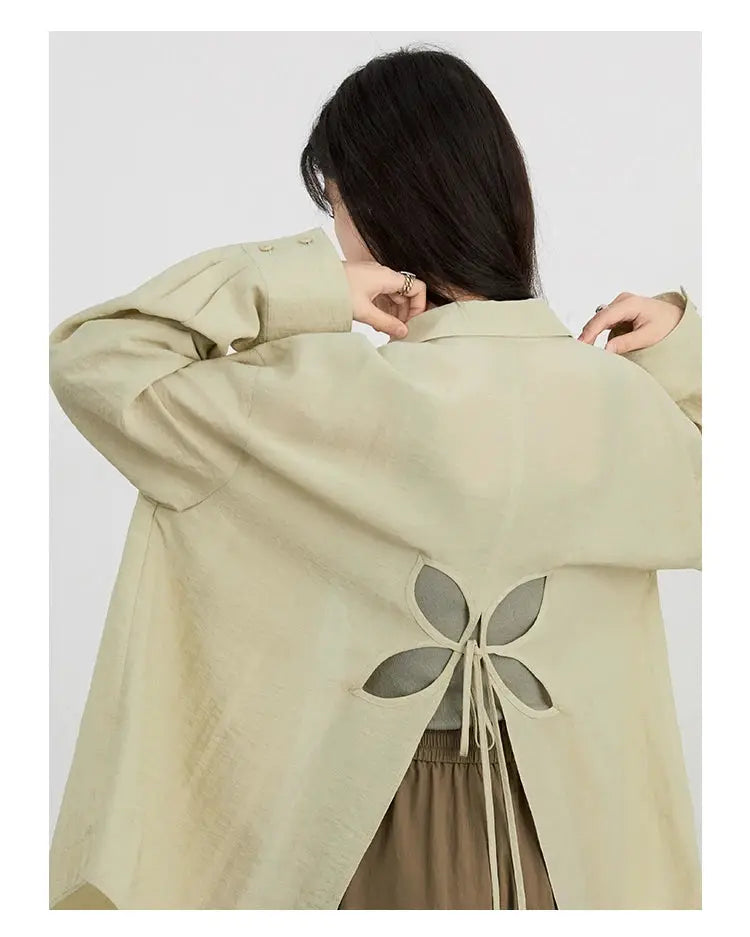 CHIC VEN beige women's long-sleeve blouse with back flower-cutout design and tie closure