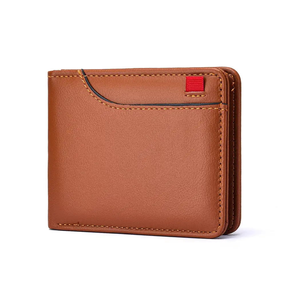 Men's vertical brown leather wallet with multiple card slots and a red pull tab.