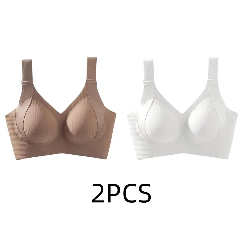 2PCS Simples Market seamless wireless bras in nude and white, wire-free pull-up support.