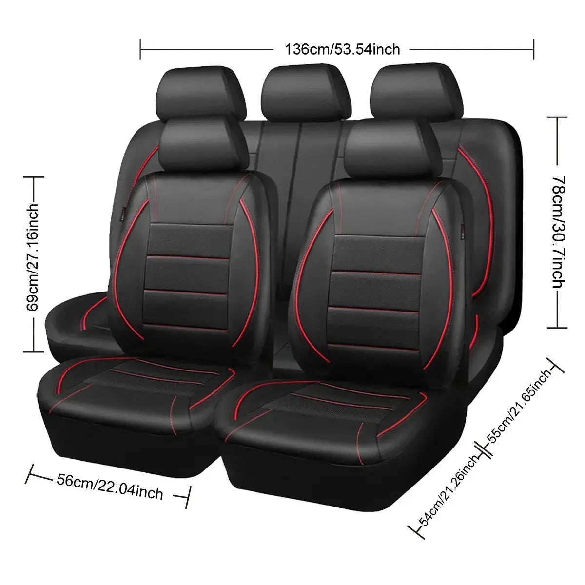 Universal leather car seat covers 5-seat set, black with red stitching, Simples Market