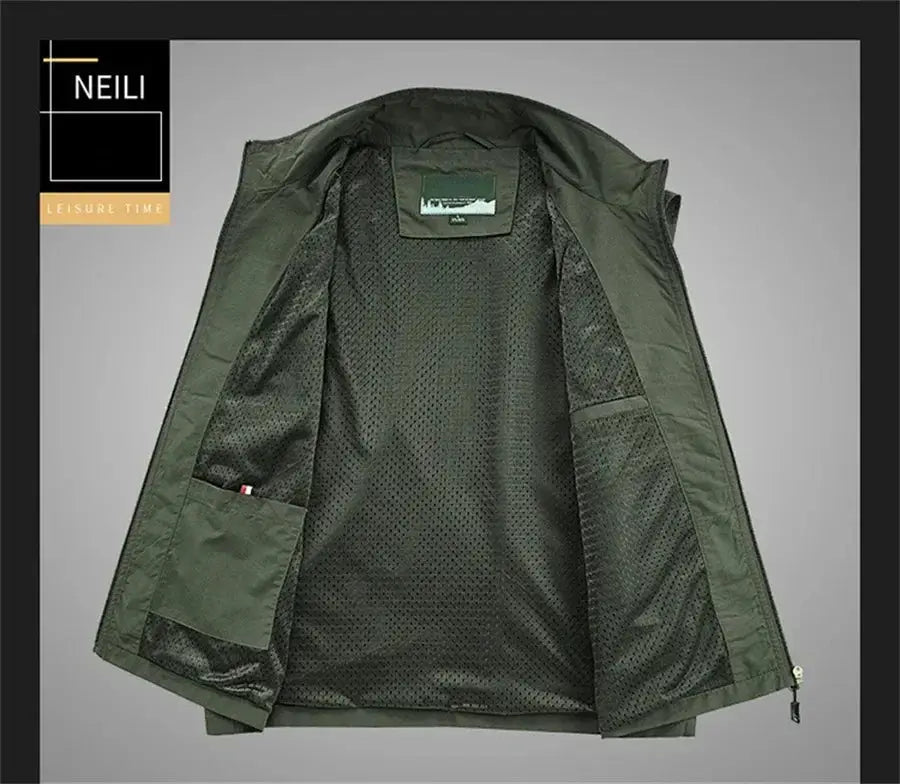 Sleeveless olive green cargo vest with mesh lining and interior pocket, NEILI logo.