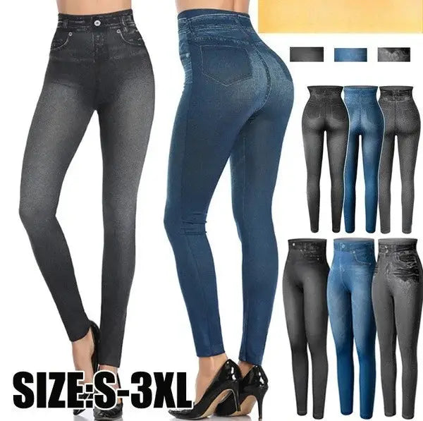 Simples Market denim printed leggings, high-waist slim fit, stretchy fabric; set of 6 color options