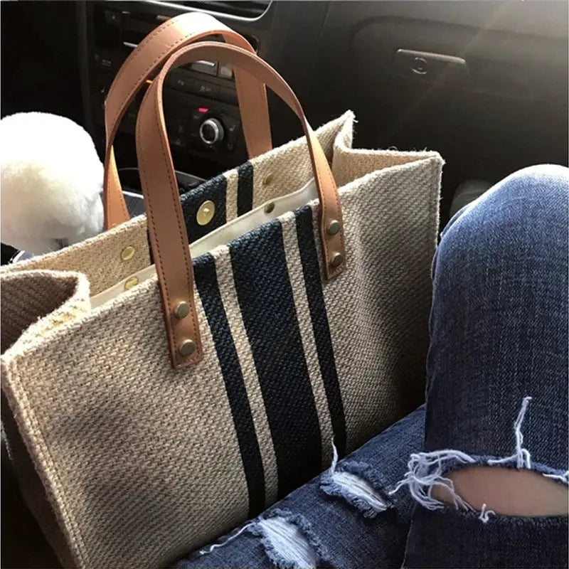 Simple Canvas Stripe Decor Bucket Tote Bag with tan leather handles, large capacity casual tote by Simples Market