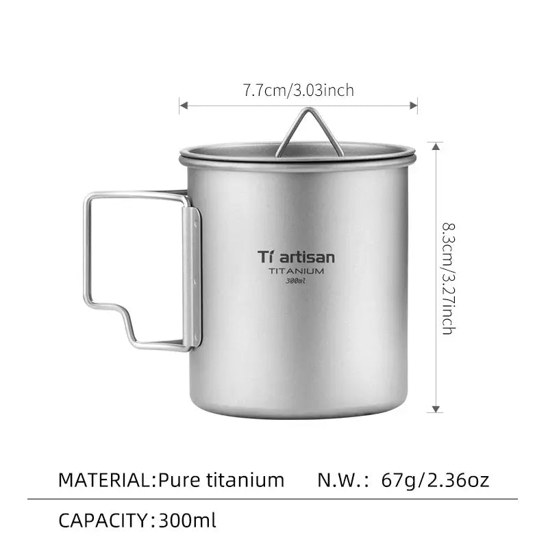 Tiartisan titanium camping mug with folding handle, 300ml capacity