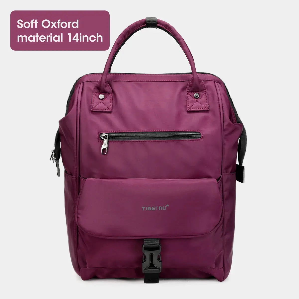 Tigernu purple ladies’ casual backpack with front zip pocket, top handles and splashproof TPU fabric.