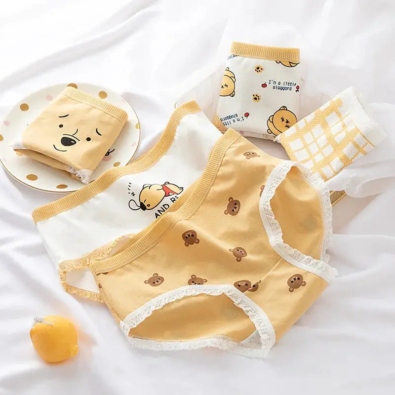 5-pack cotton women's underwear set; yellow and white bear-print briefs with lace trim