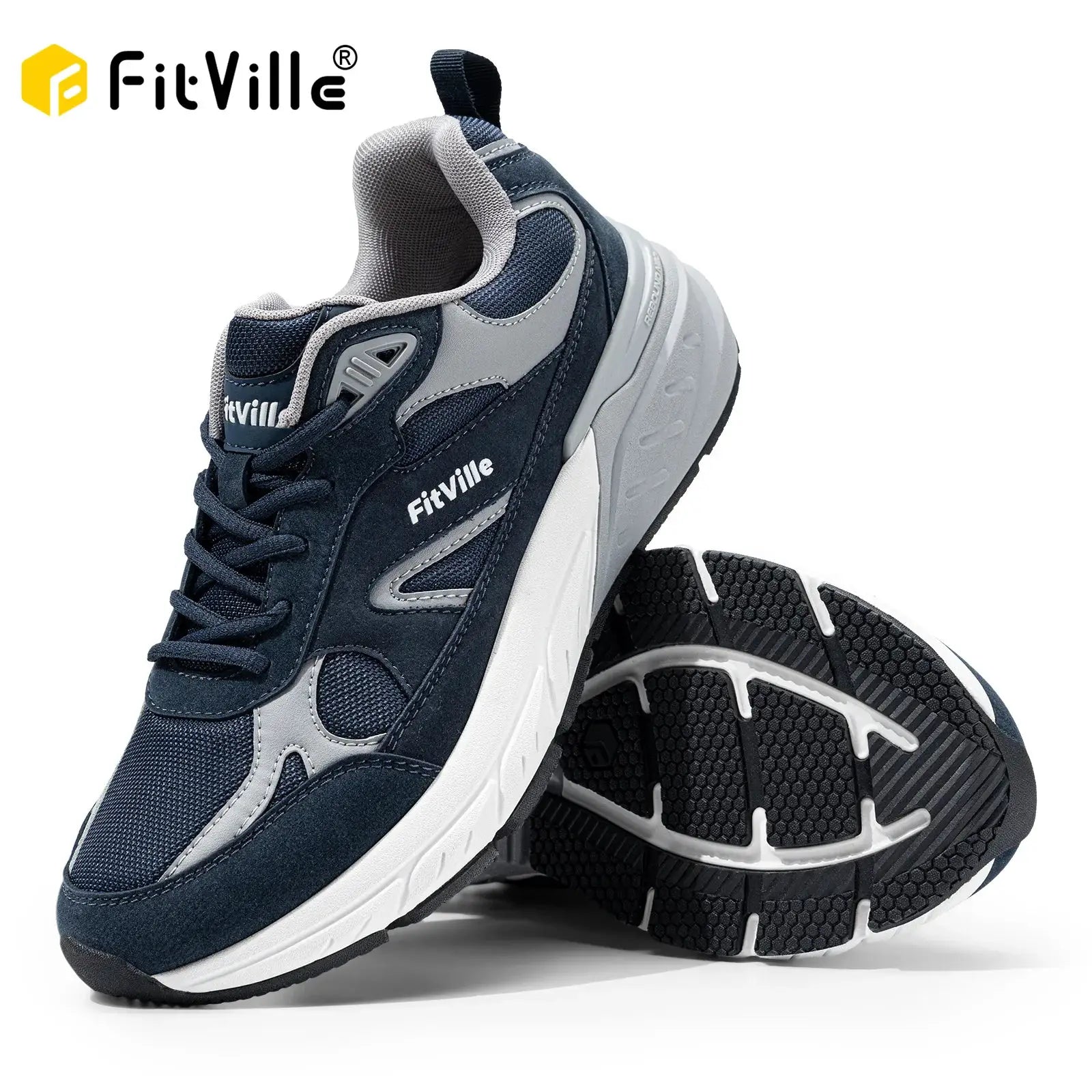 FitVille men's wide-width walking shoes, navy and gray with arch support and durable outsole