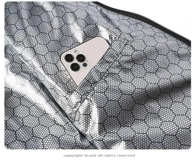 Winter men's white duck-down jacket with silver honeycomb-pattern fabric and a pocket with smartphone