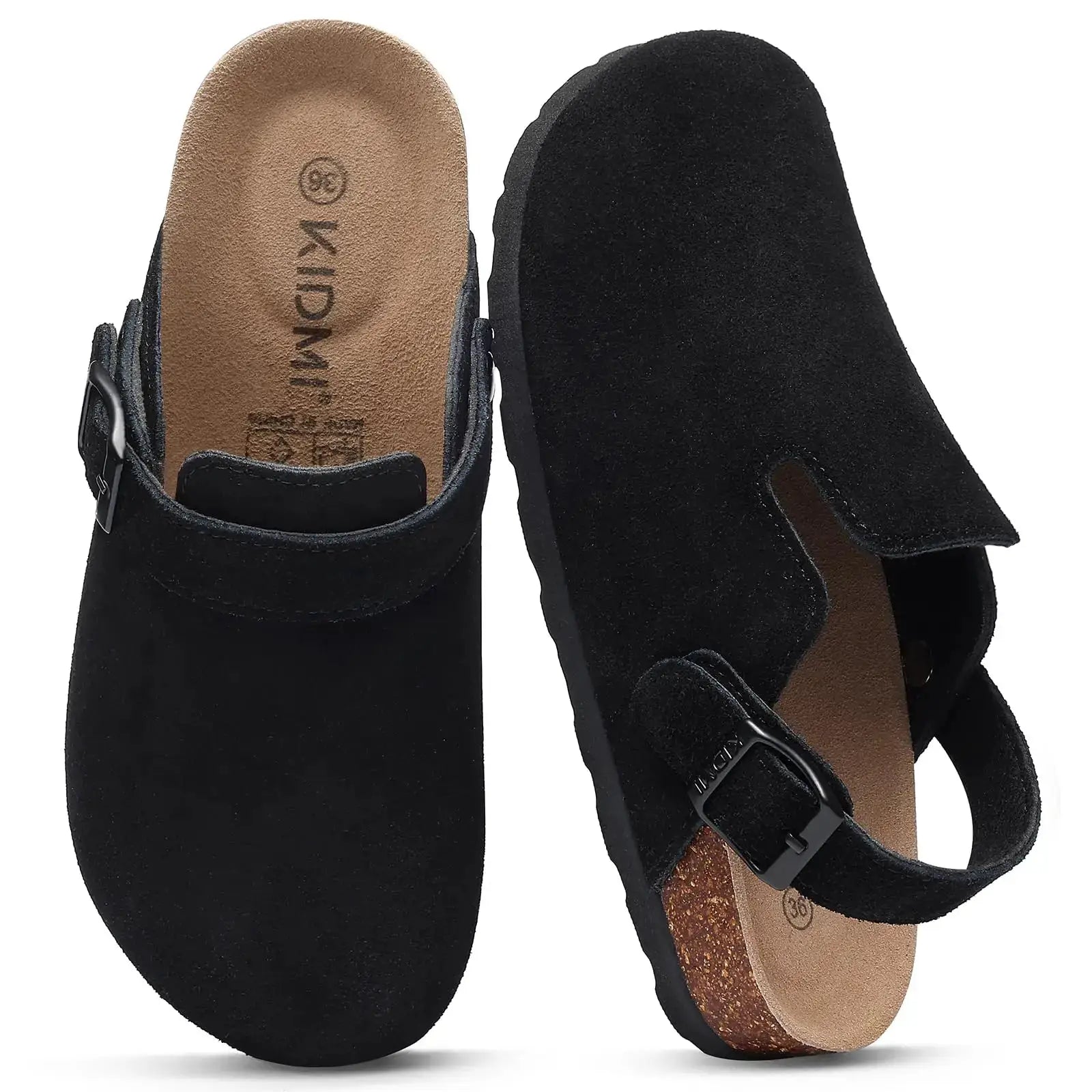 Simples Market Crestar women's suede clogs with adjustable strap, cork footbed, black leather mules (pair)