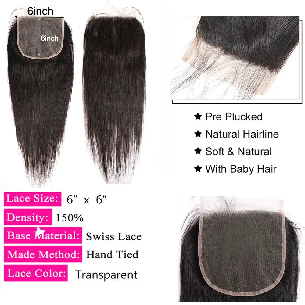 Straight human hair lace closure 6x6 and lace frontal 13x4/13x6 (Simples Market), transparent Swiss lace, 150% density.