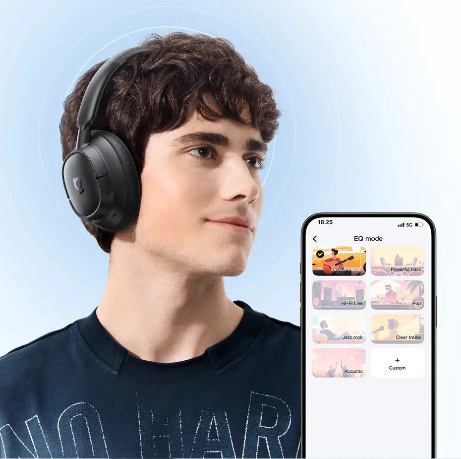 Baseus EH10 NC ANC wireless headphones, black over-ear; smartphone screen shows EQ mode app