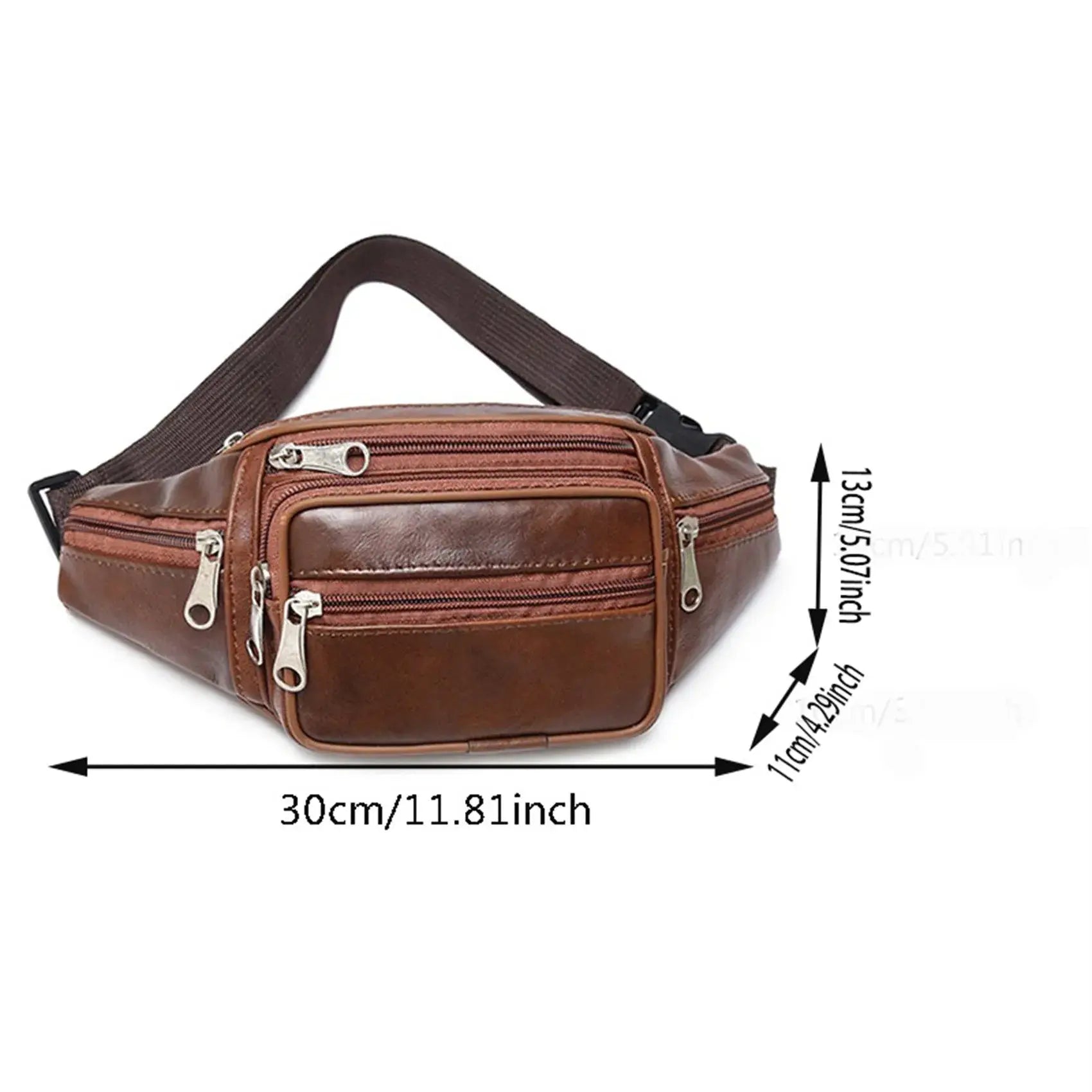 Simples Market men's brown PU leather waist bag with multiple zip pockets and adjustable strap