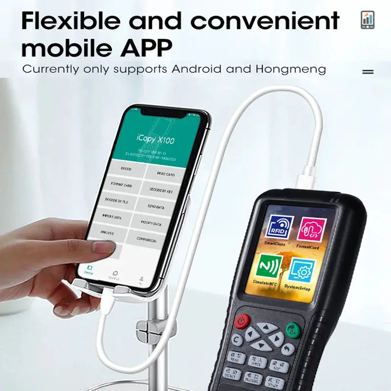 NFC RFID card reader/writer X100 by Simples Market; black handheld unit with USB smartphone connection