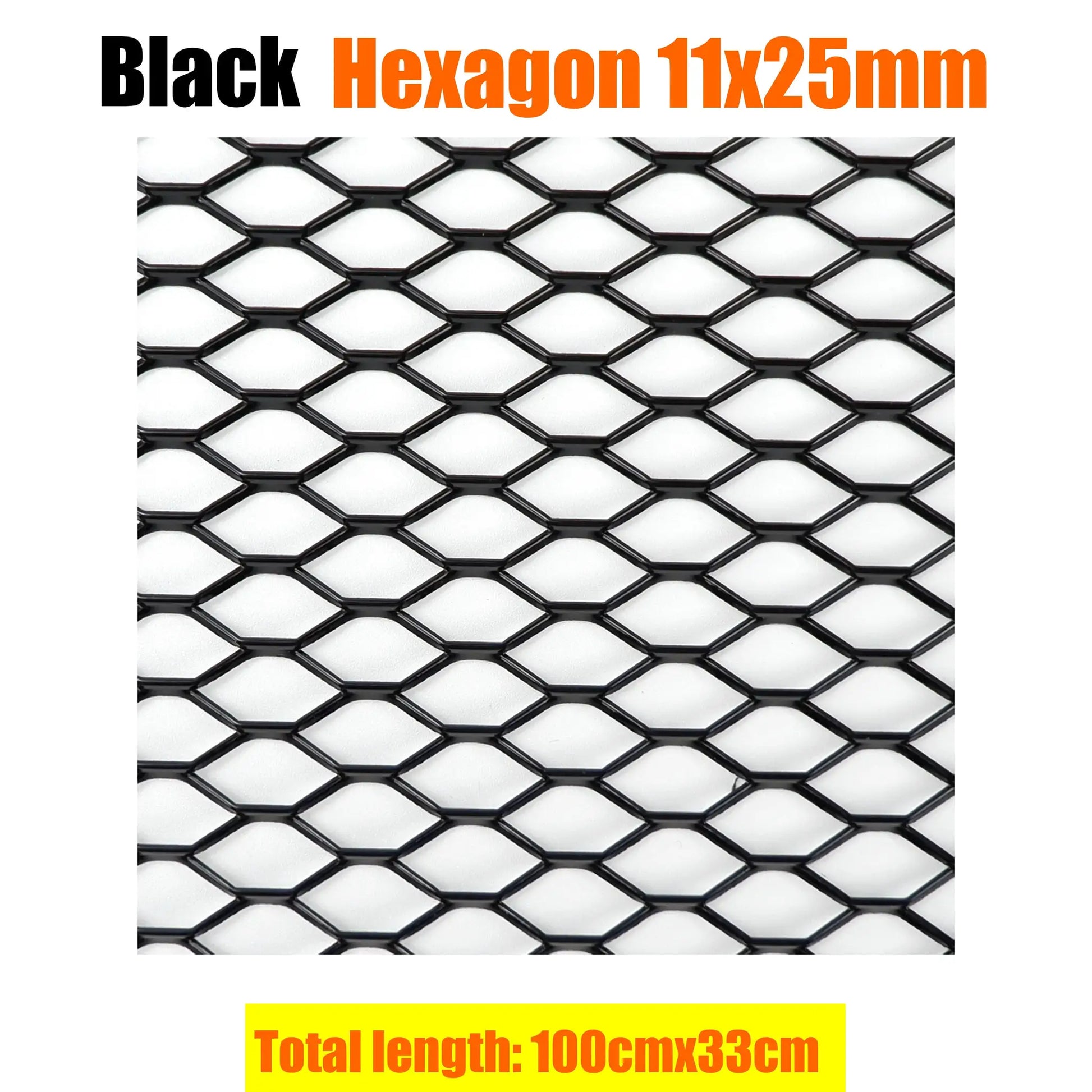 Car bumper grille mesh in black with 11x25mm hexagon pattern for universal fit