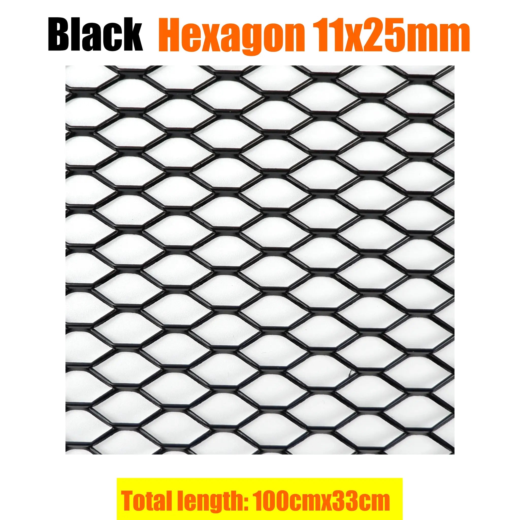 Car bumper grille mesh in black with 11x25mm hexagon pattern for universal fit