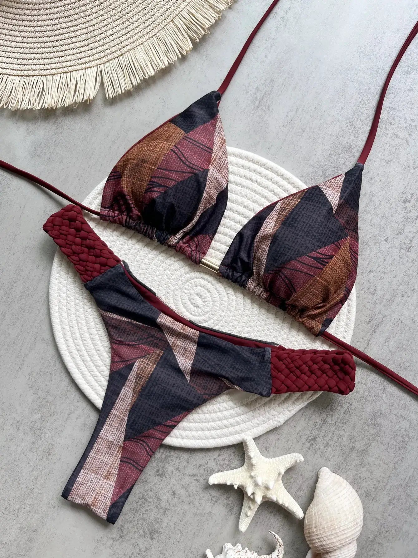RUOTONSEPT print halter bikini set, two-piece high-cut thong swimsuit in burgundy, black and tan by Simples Market