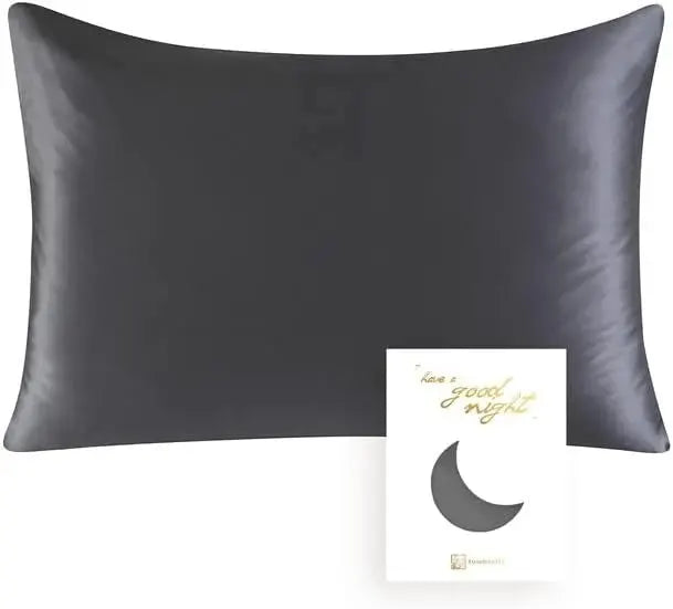 Simples Market mulberry silk pillowcase, dark navy with glossy finish, 19 momme silk, includes moon-graphic card.