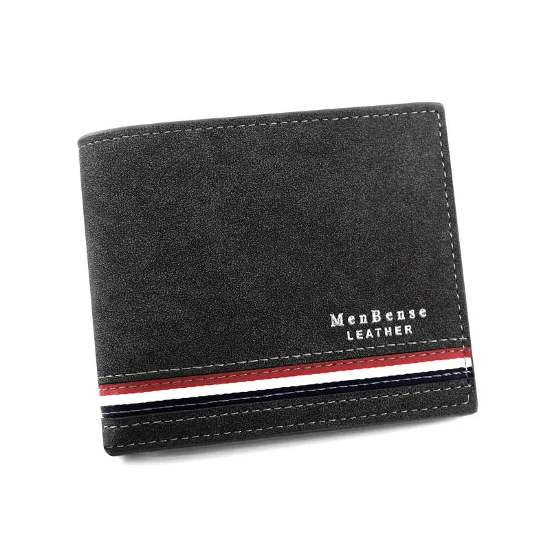 Men's black PU leather wallet with zipper coin pocket and red-white-blue stripe, MenBense Leather