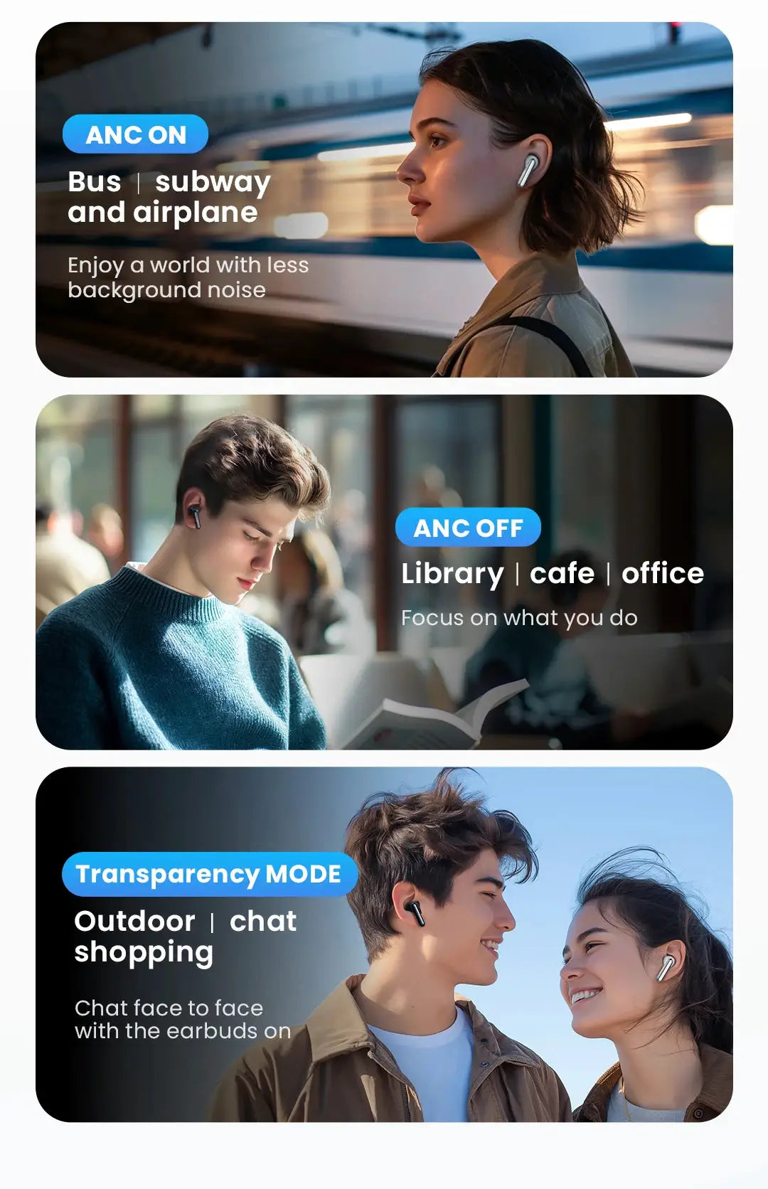 Simples Market HAYLOU Mori Pro wireless earphones, white, ANC on/off shown in subway, library and outdoor scenes