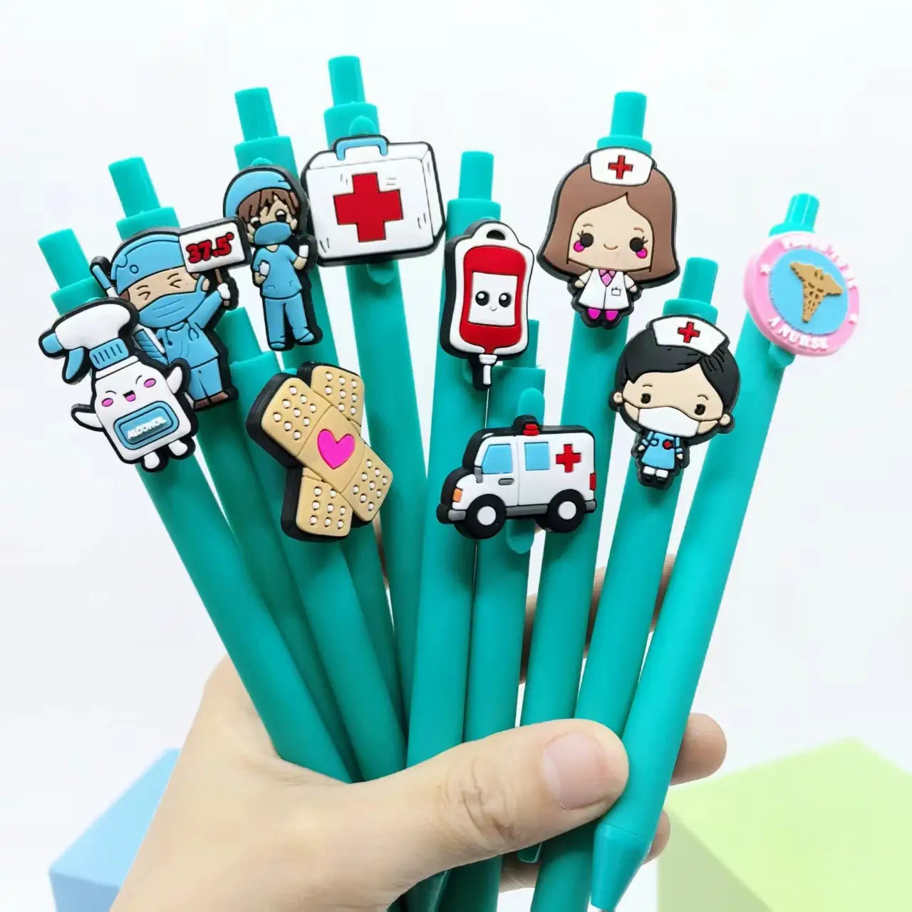Medical pen set in teal with nurse and doctor cartoon clips (20/30pcs)