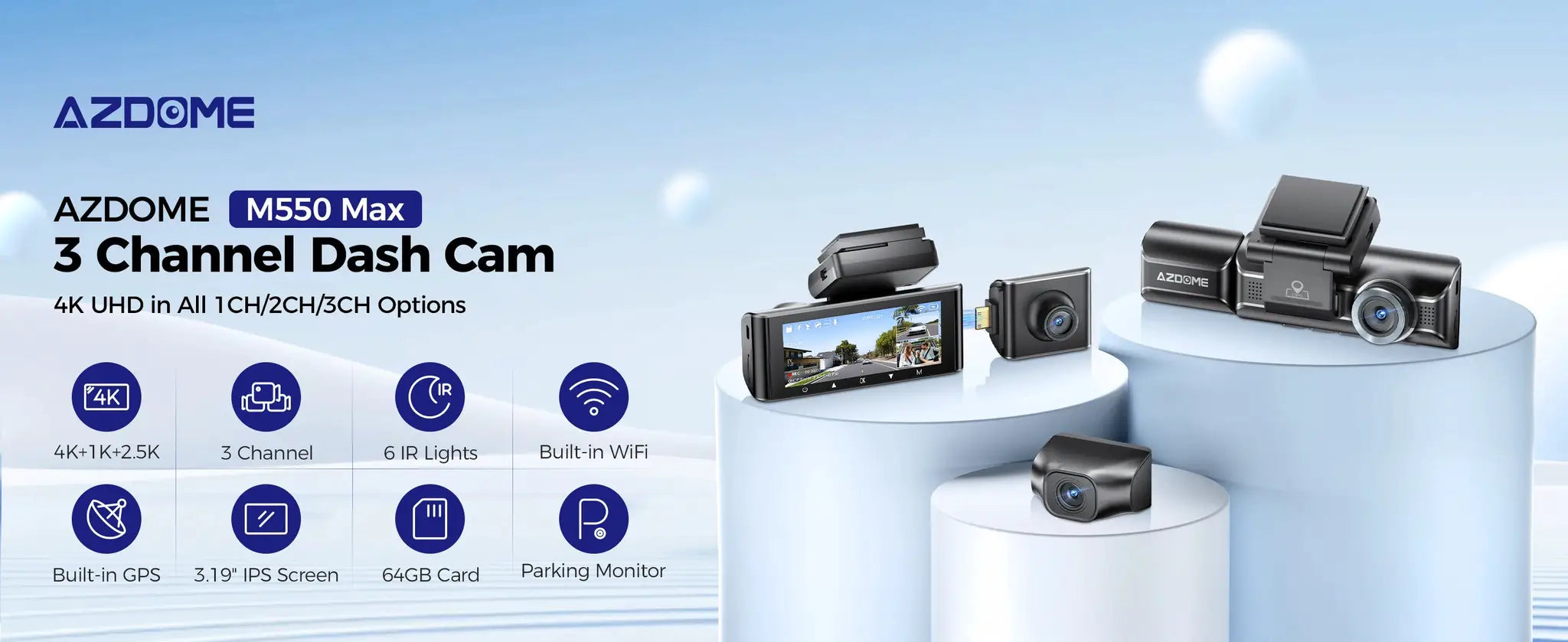 AZDOME M550 Max 3-Channel Dash Cam with 4K+1K+2.5K, built-in GPS and WiFi