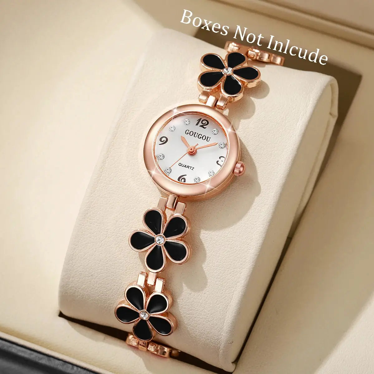 Women's rose-gold flower bracelet watch with black enamel petals and crystal accents by GOUGOU