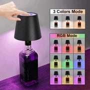 Wireless table lamp for wine bottles with black shade, touch control, purple LED glow by Simples Market