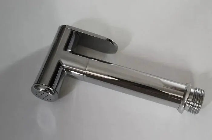 Chrome handheld bidet spray head with threaded hose connector and perforated nozzle BD01.