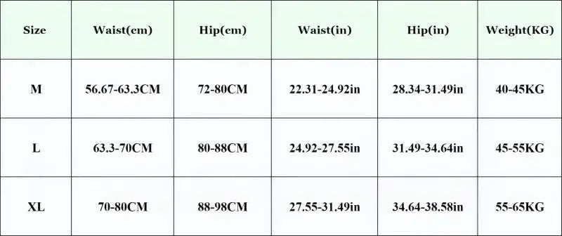 4-piece seamless Brazilian panties size chart, showing M/L/XL waist and hip measurements