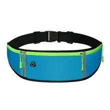 Simples Market outdoor running waist bag, blue with lime-green zippers and a black strap