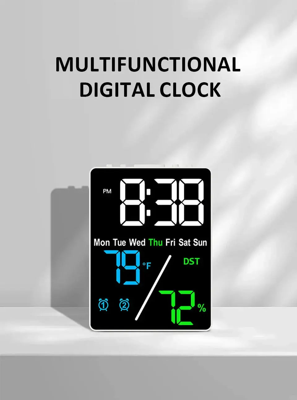 Multifunctional large-screen digital alarm clock in black with humidity display and brightness control for desktop use