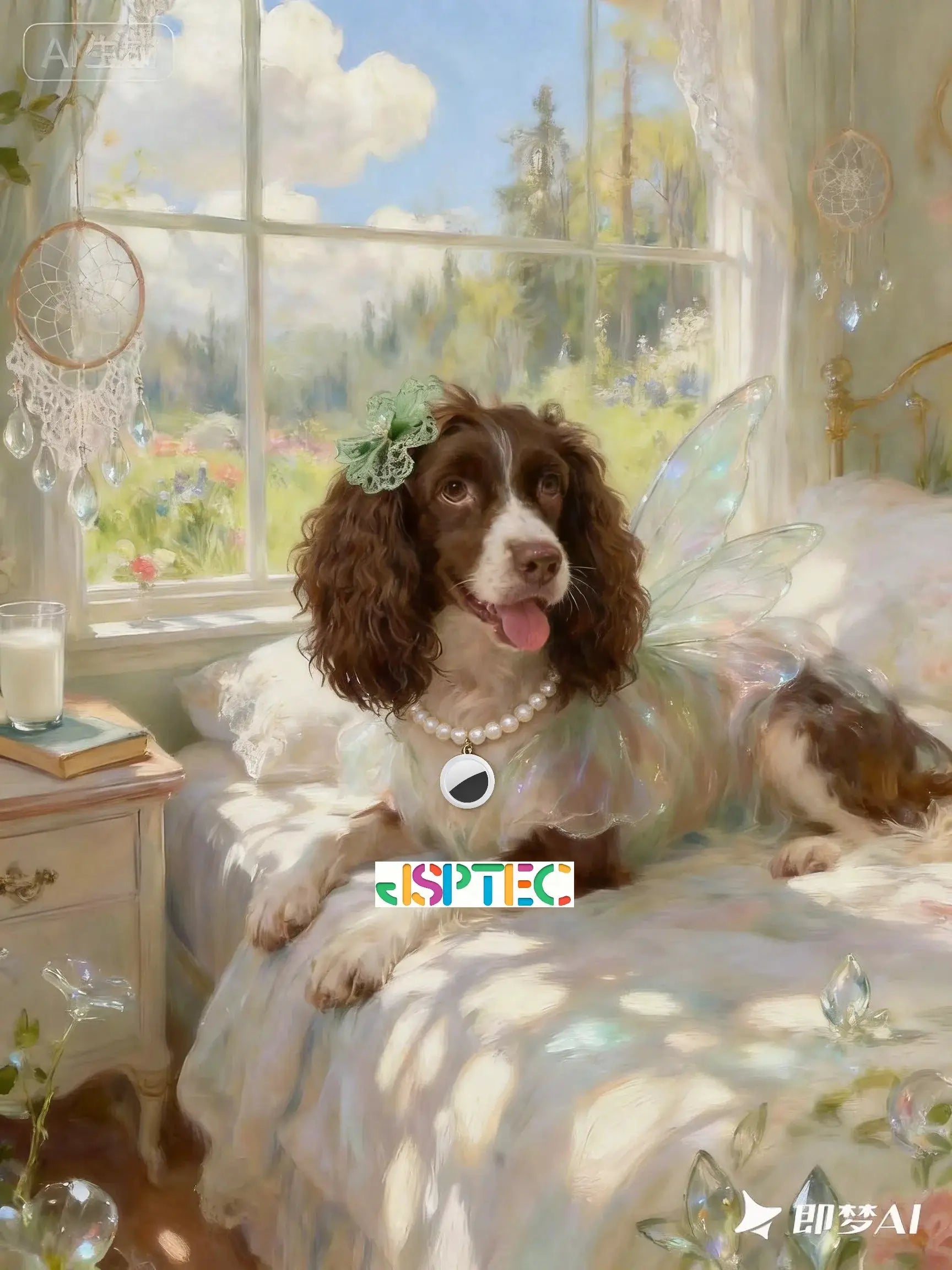 JSPTEC Airtag GPS Tracker logo in a dreamy room with a brown-and-white dog wearing fairy wings