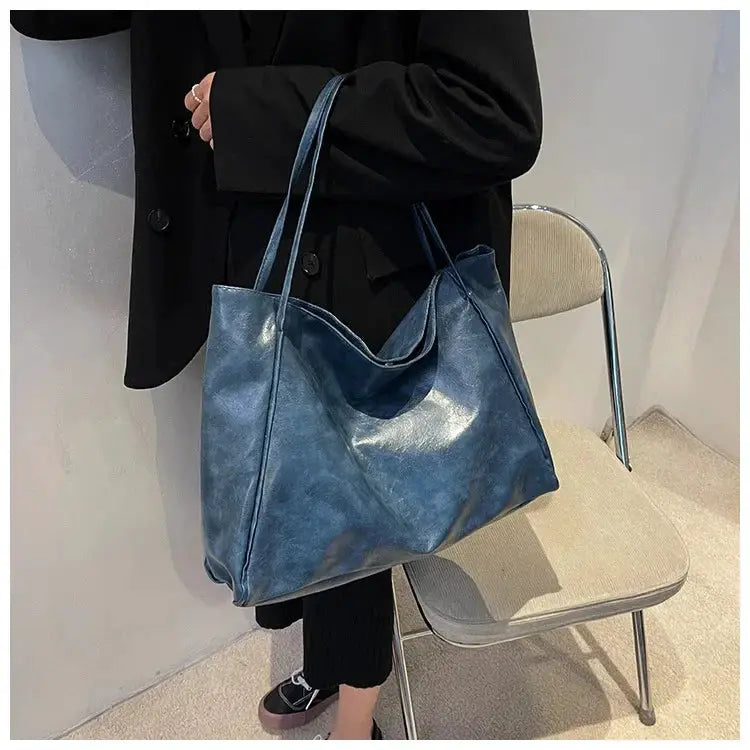 Women tote bag blue PU leather with long handles, large capacity casual shoulder bag