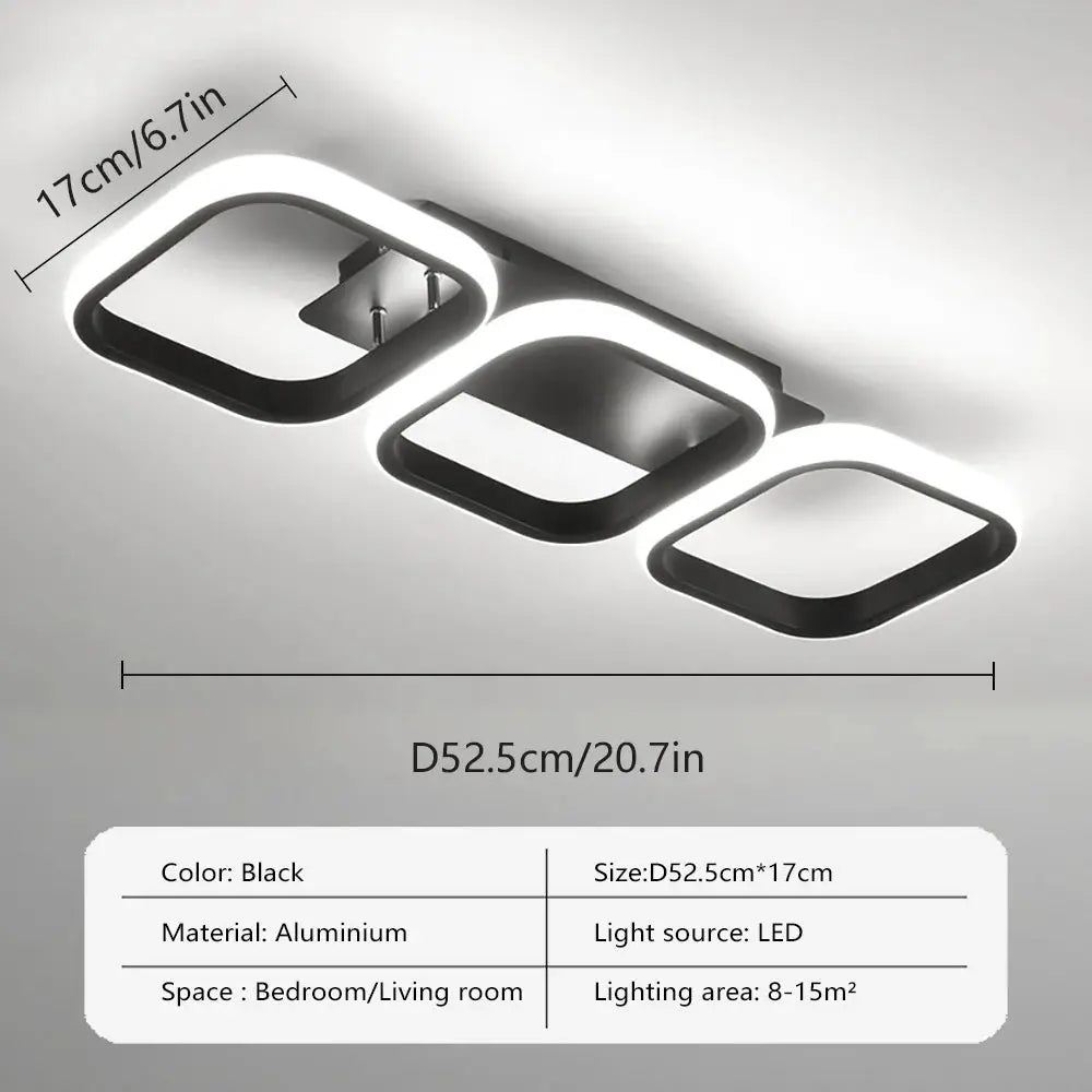 LED ceiling light fixture, black aluminium with three linked square rings, 52.5 cm long, by Simples Market