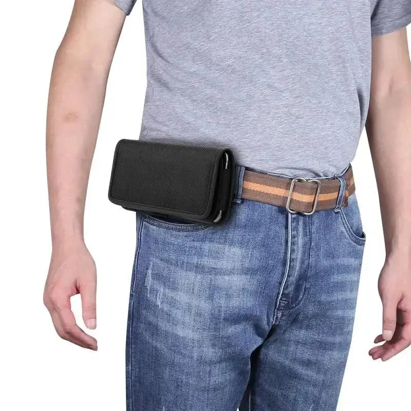 Simples Market nylon phone waist bag in black with belt loop, compact fanny pack for men and women